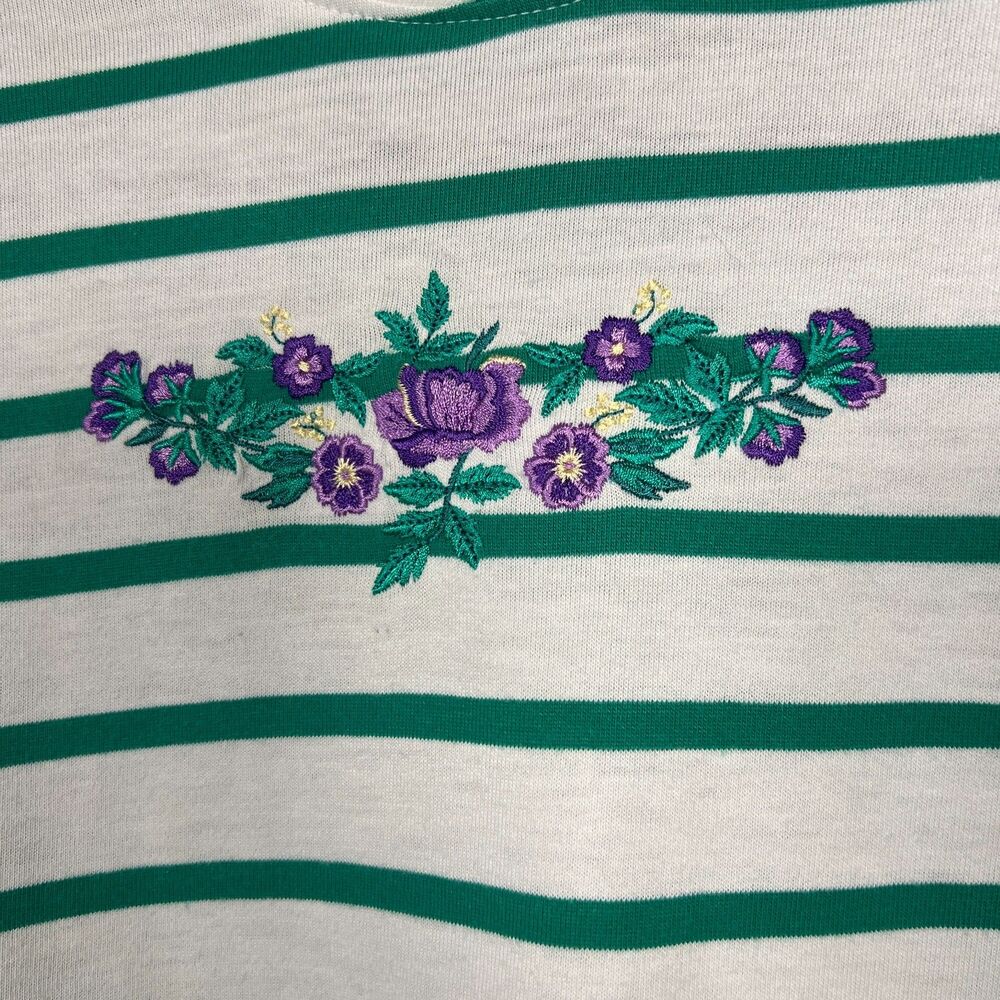 Vintage Mock Neck Sweatshirt Erika Green White Striped Floral Cottagecore Sz SP - Picture 7 of 11